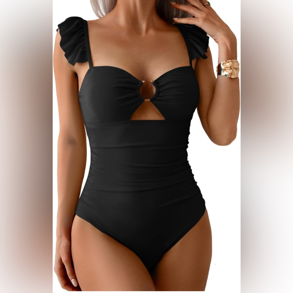 Eomenie, plus Size 2X, Elegant Black Ruffled One-Piece Swimsuit, Tummy Control
